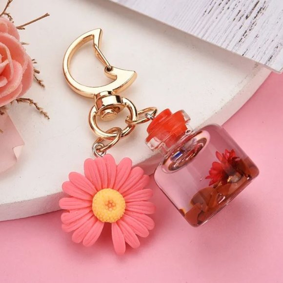 Small Pink Chrysanthemum Bottle Key Chain - Picture 1 of 2